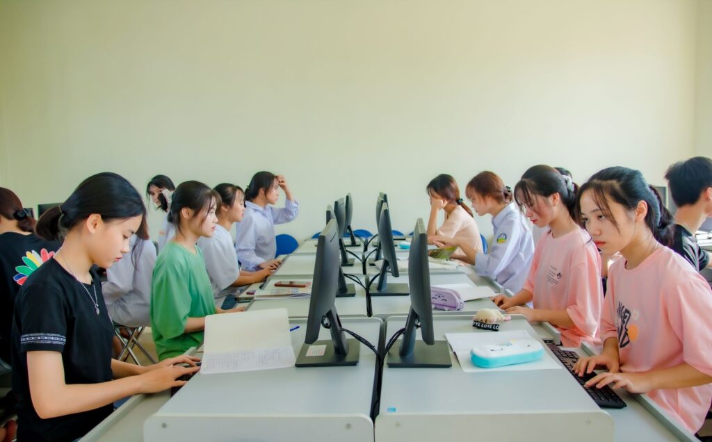 Adult newcomers learning computer skills together in a community classroom